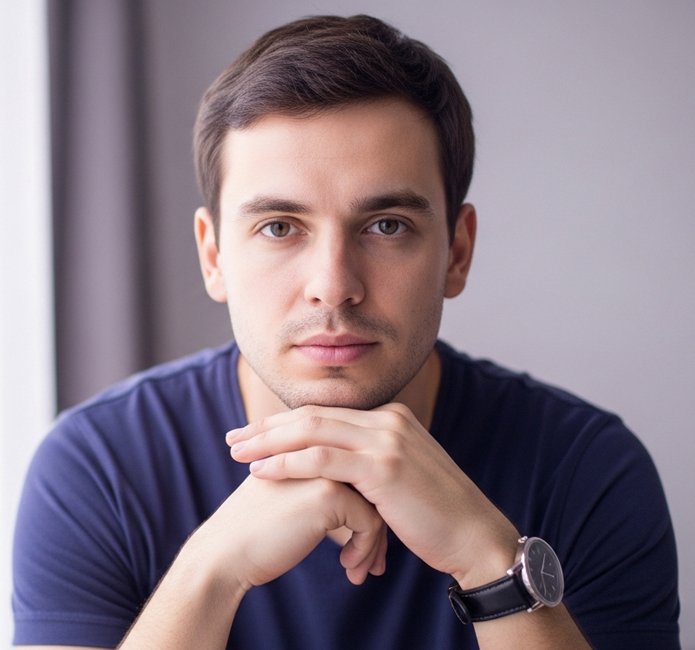 Мужчина сидит, подложив руки под подбородок